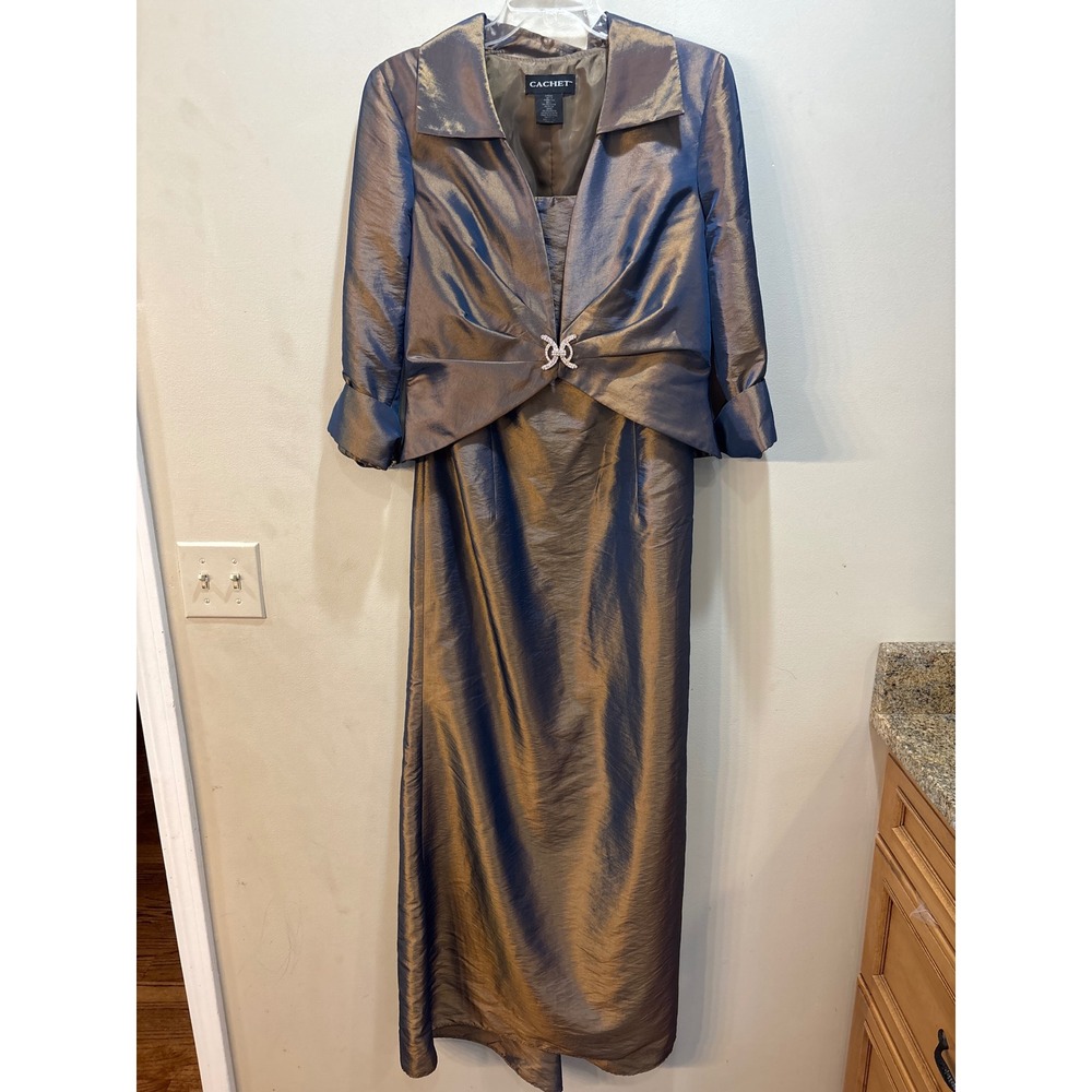 Cachet 2 Piece Iridescent Metallic Formal Gown & Jacket Set Bronze Blue Size 10